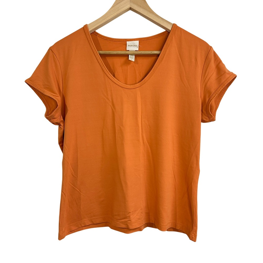 Vtg Merona‎ Women's Pumpkin Orange Cap Sleeve V-Neck Basic Casual T-Shirt Large